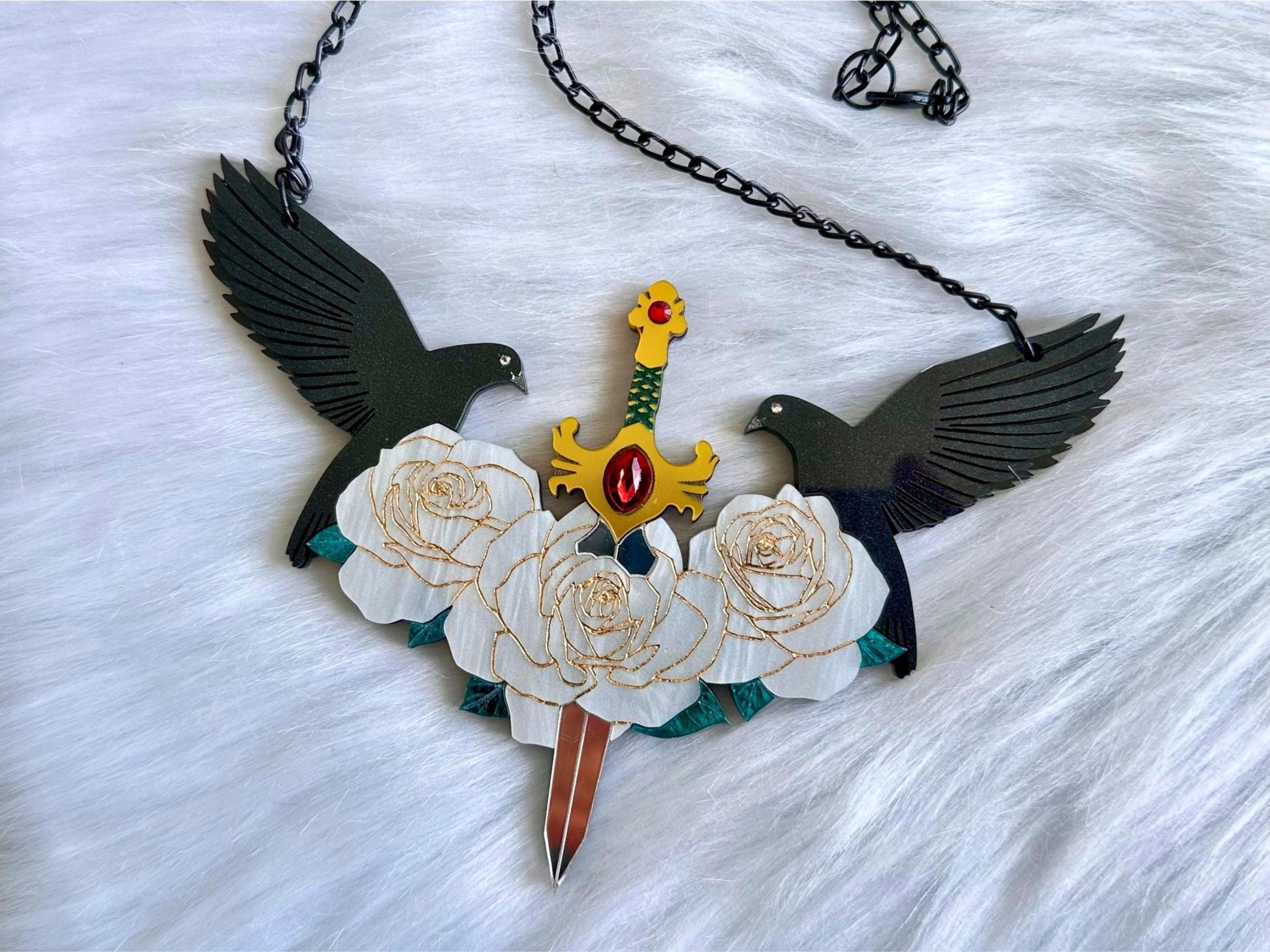 Sword & Rose Statement Necklace | Handmade, Sculptural Gothic Fantasy Art Jewelry - Painted Raina