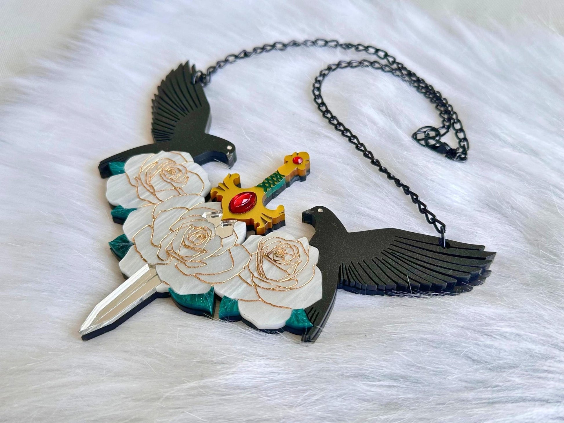 Sword & Rose Statement Necklace | Handmade, Sculptural Gothic Fantasy Art Jewelry - Painted Raina