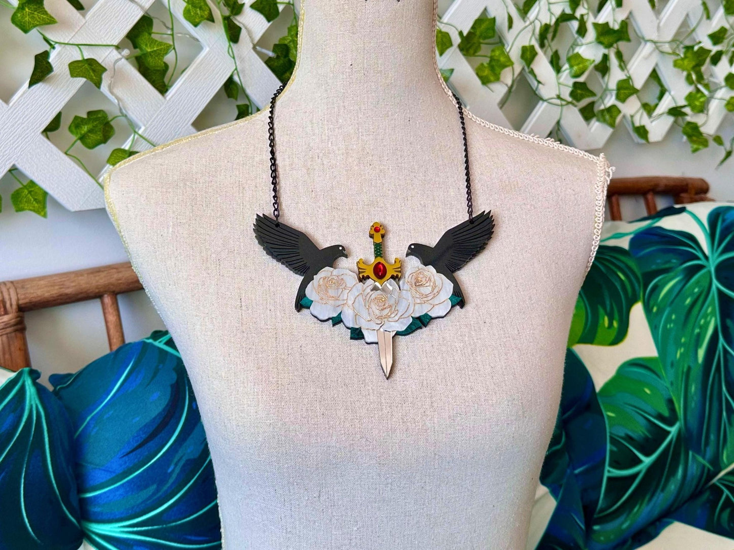 Sword & Rose Statement Necklace | Handmade, Sculptural Gothic Fantasy Art Jewelry - Painted Raina