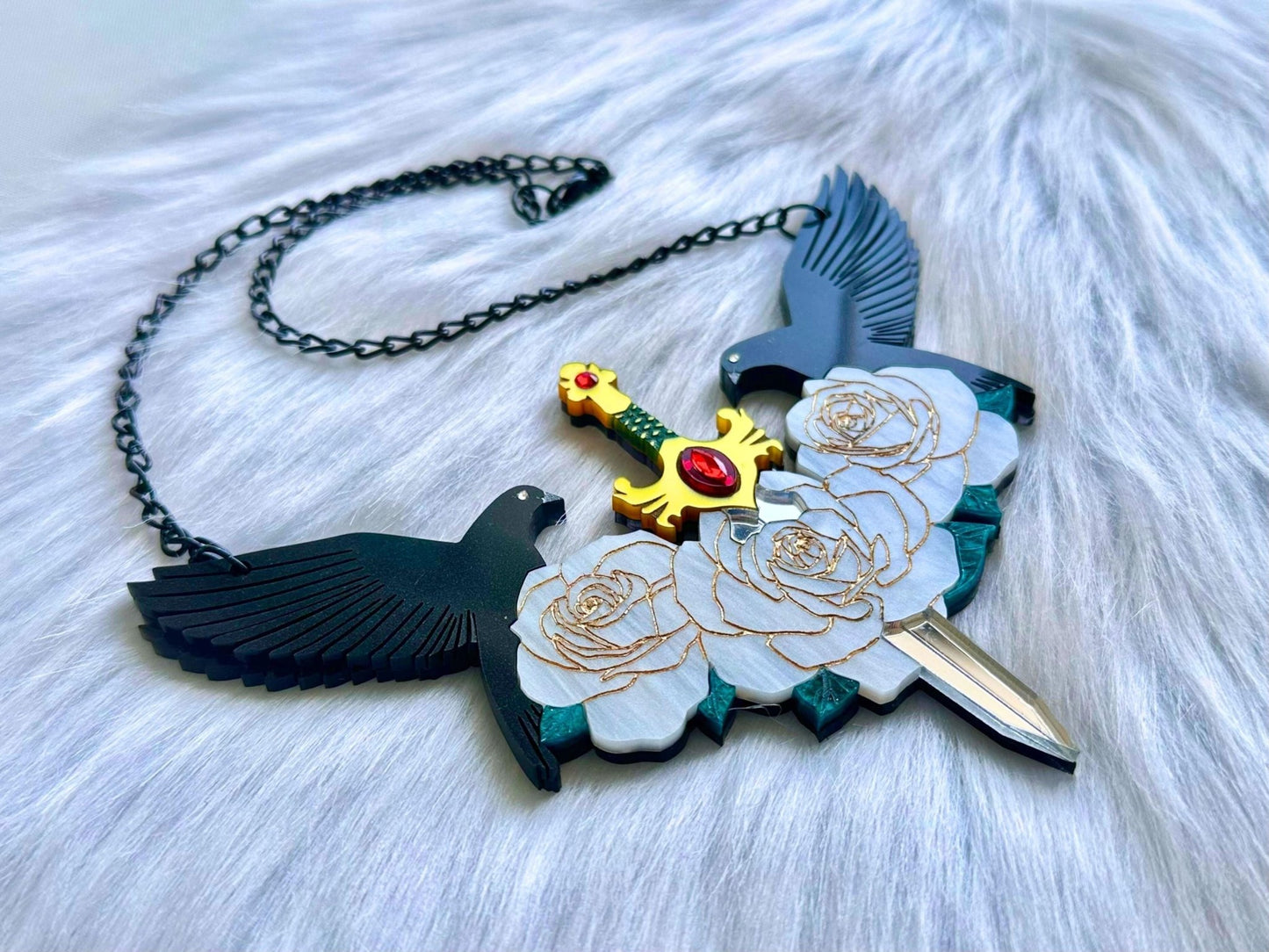 Sword & Rose Statement Necklace | Handmade, Sculptural Gothic Fantasy Art Jewelry - Painted Raina