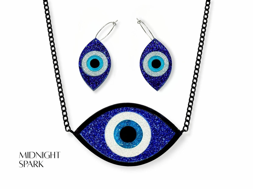 evil eye jewelry set variation blue glitter acrylic finishes statement set white black