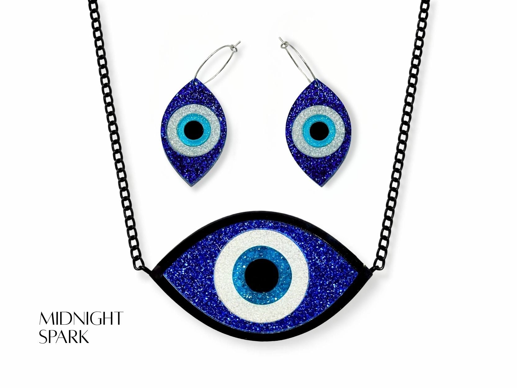 evil eye jewelry set variation blue glitter acrylic finishes statement set white black