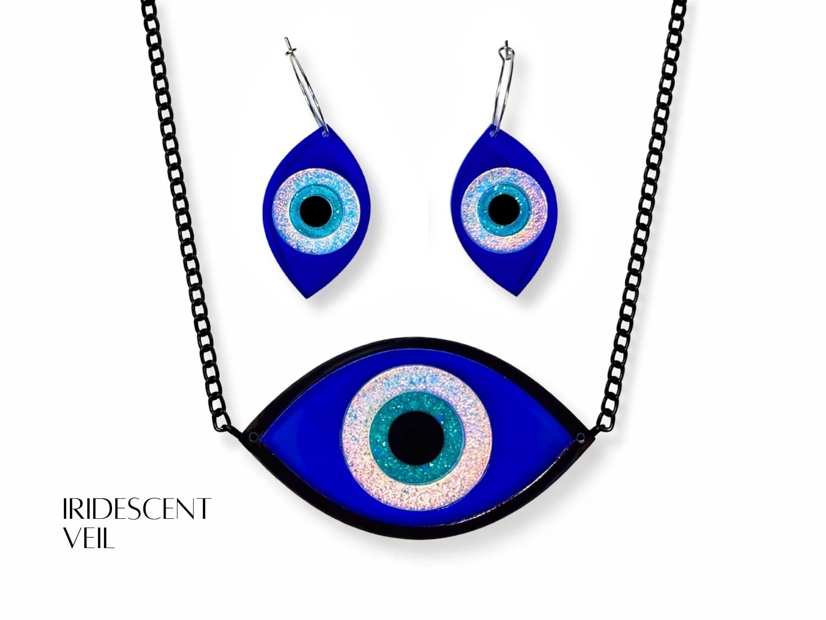 layered acrylic evil eye necklace and earrings set dimensional statement jewelry bold design