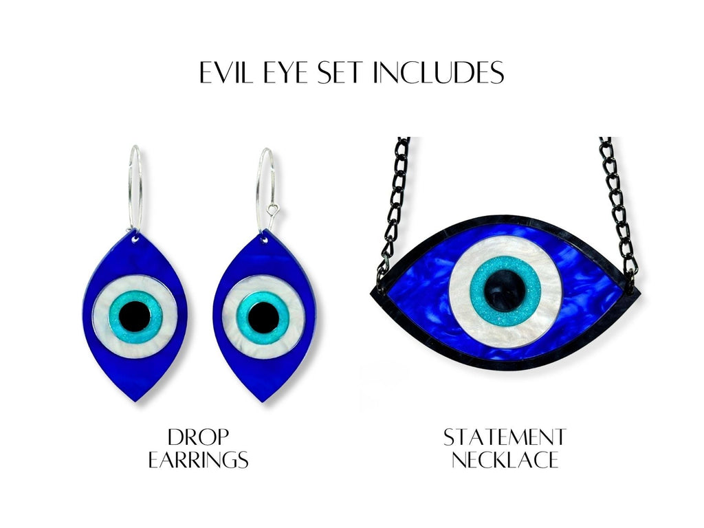 evil eye jewelry set size reference showing statement necklace and matching earrings scale