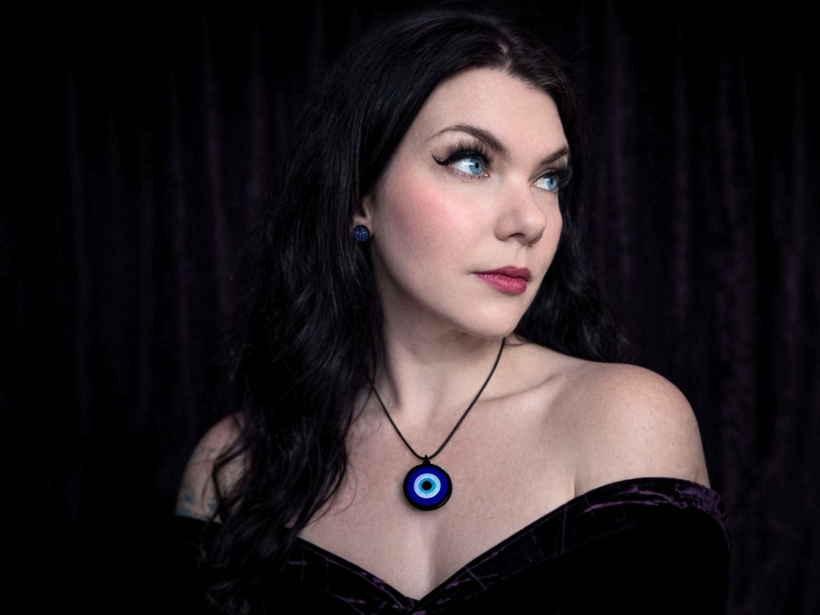 evil eye full jewelry set pendant worn on model bold layered acrylic talisman styling statement look blue white black