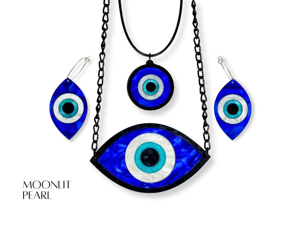 evil eye ritual set variation pearl acrylic finishes complete jewelry set blue white black