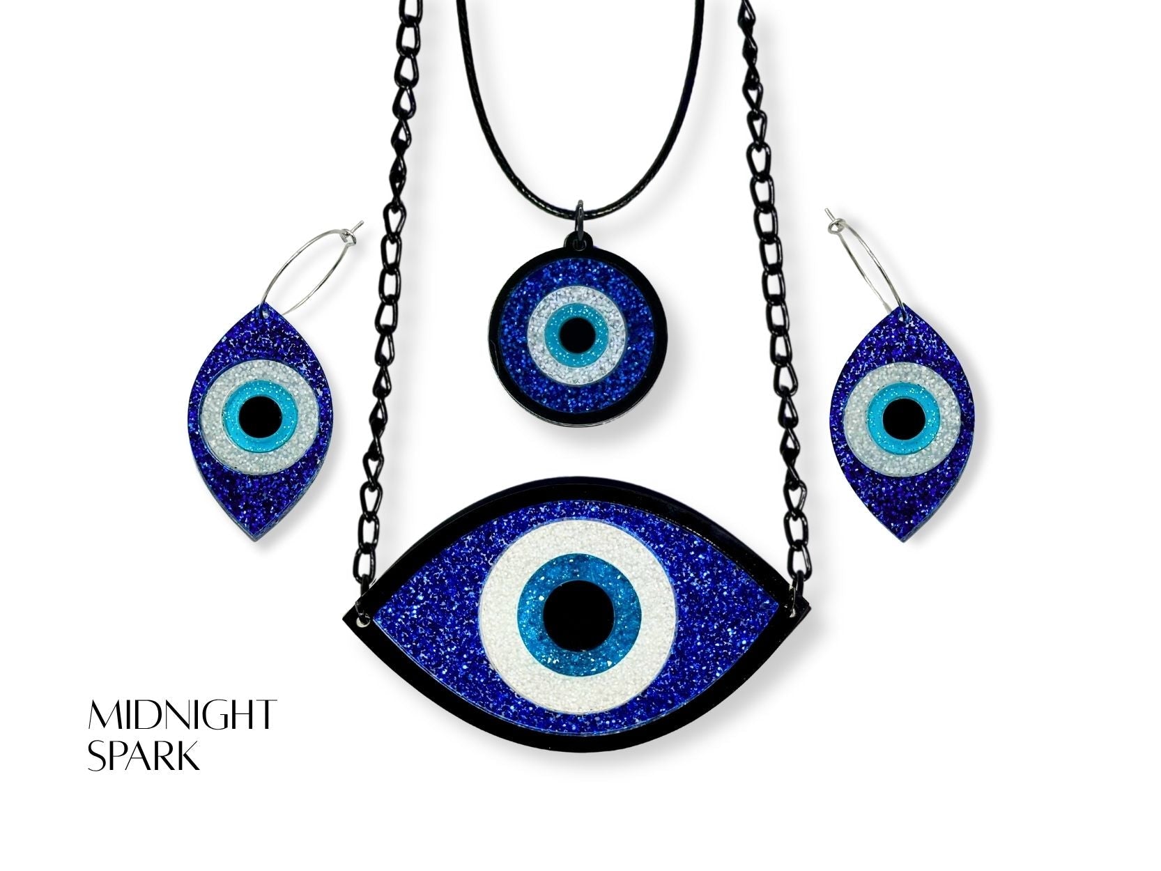 evil eye ritual set variation glitter acrylic finishes complete jewelry set blue white black