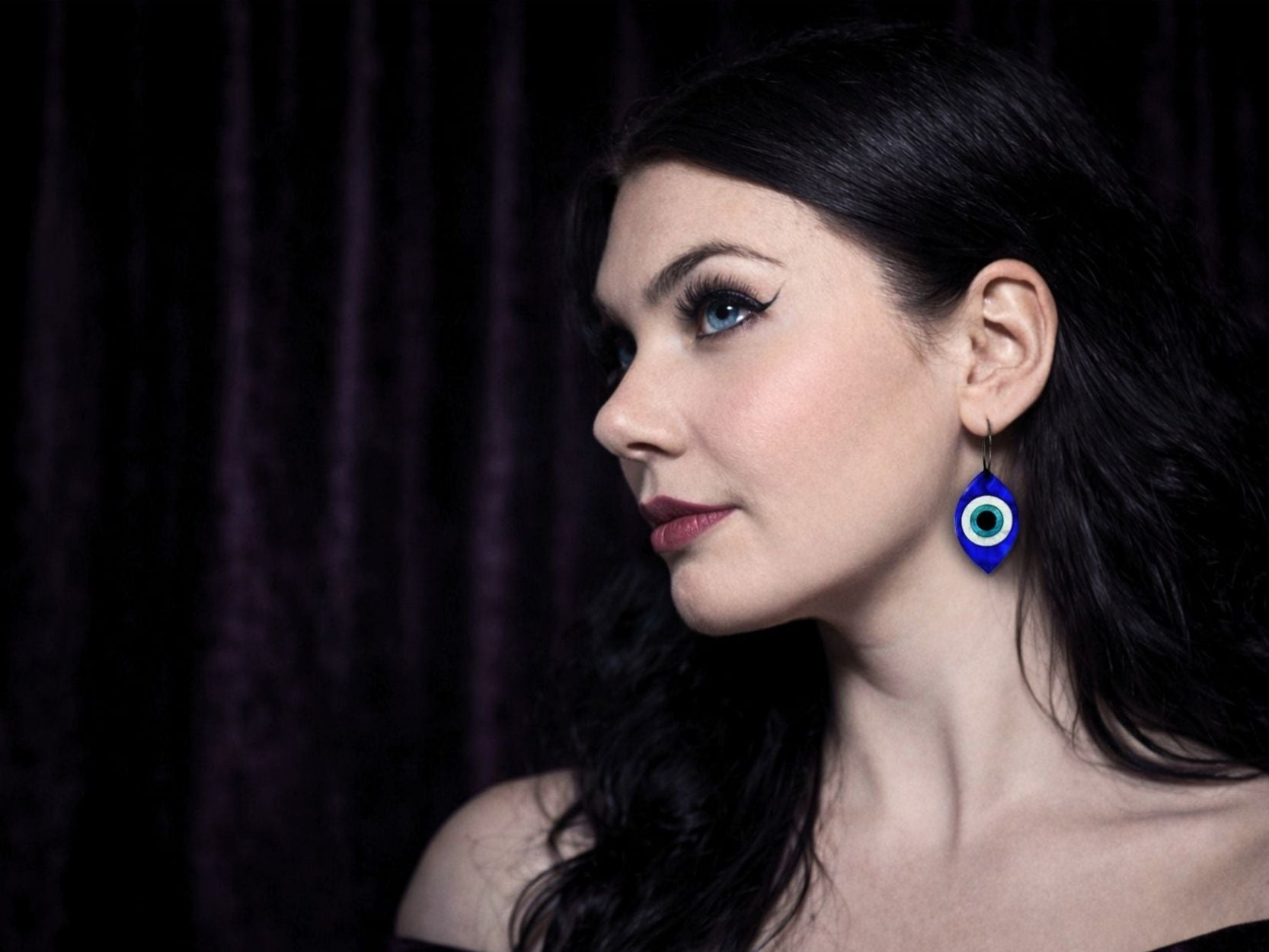 evil eye jewelry set earrings worn on model bold layered acrylic talisman styling statement look blue white black