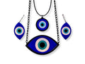 evil eye full ritual jewelry set necklace earrings and pendant layered acrylic talisman design blue iridescent white black