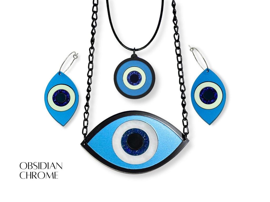 evil eye ritual set variations metallic acrylic finishes complete jewelry set blue white black