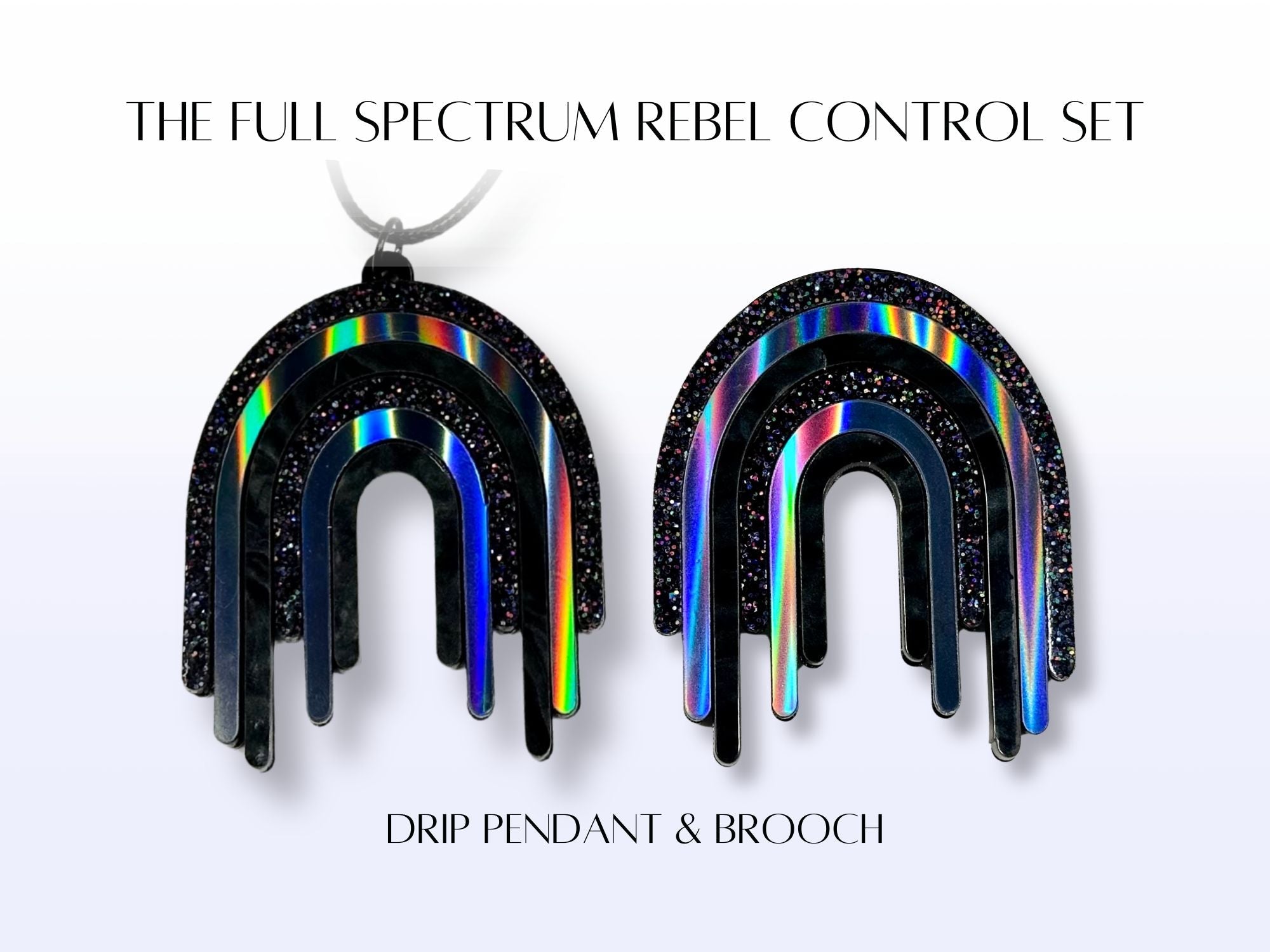 Product card showing The Full Spectrum Rebel Control Set with matching pendant and brooch