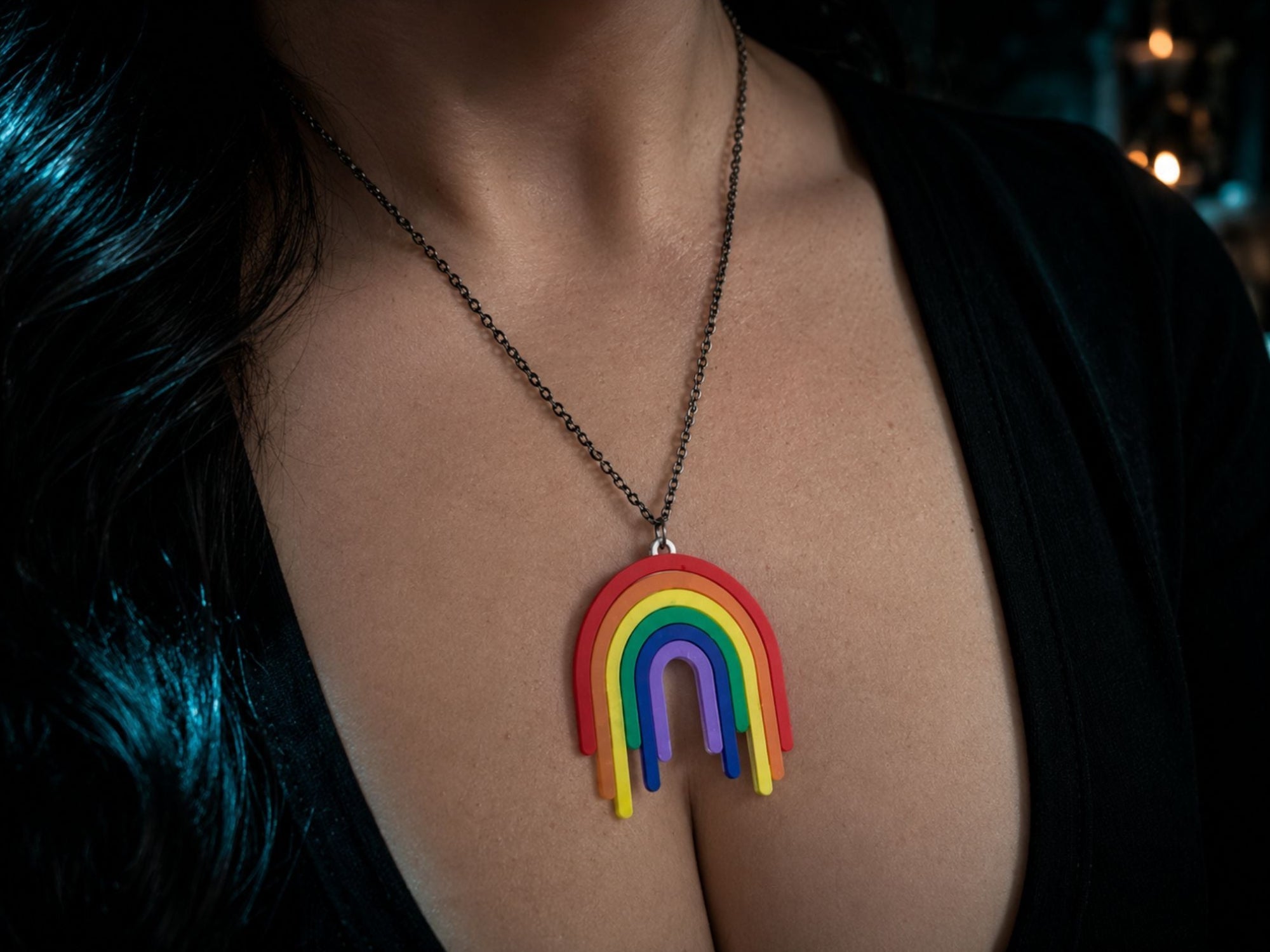 Model wearing Full Spectrum Rebel Drip Pendant necklace