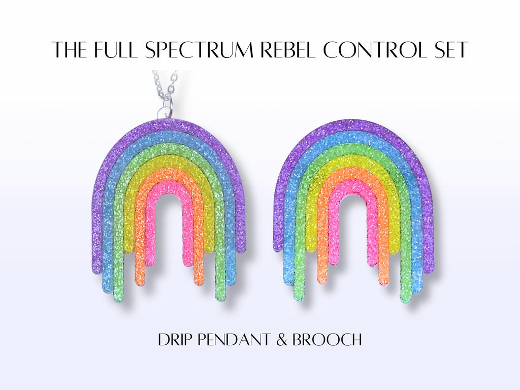 Full Spectrum Rebel Control Set product card featuring Rainbow Rave drip pendant and brooch.