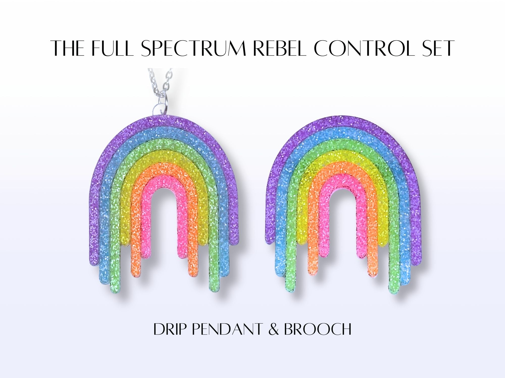 Full Spectrum Rebel Control Set product card featuring Rainbow Rave drip pendant and brooch.