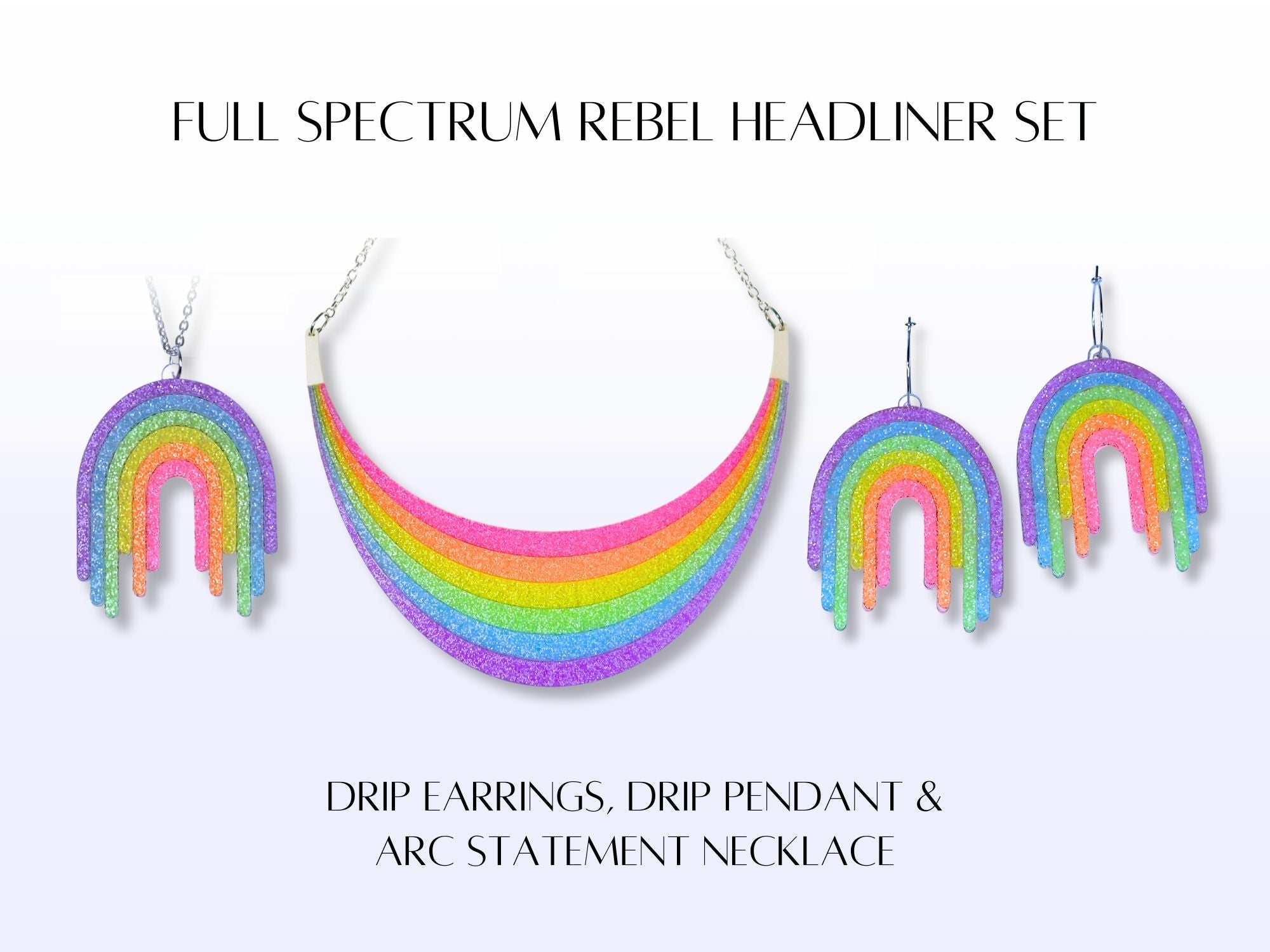 Full Spectrum Rebel Headliner Set product card featuring Rainbow Rave necklace, pendant, and earrings.