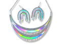 Full Spectrum Rebel Disco Prism jewelry set with silver holographic arc necklace and matching rainbow drip earrings.