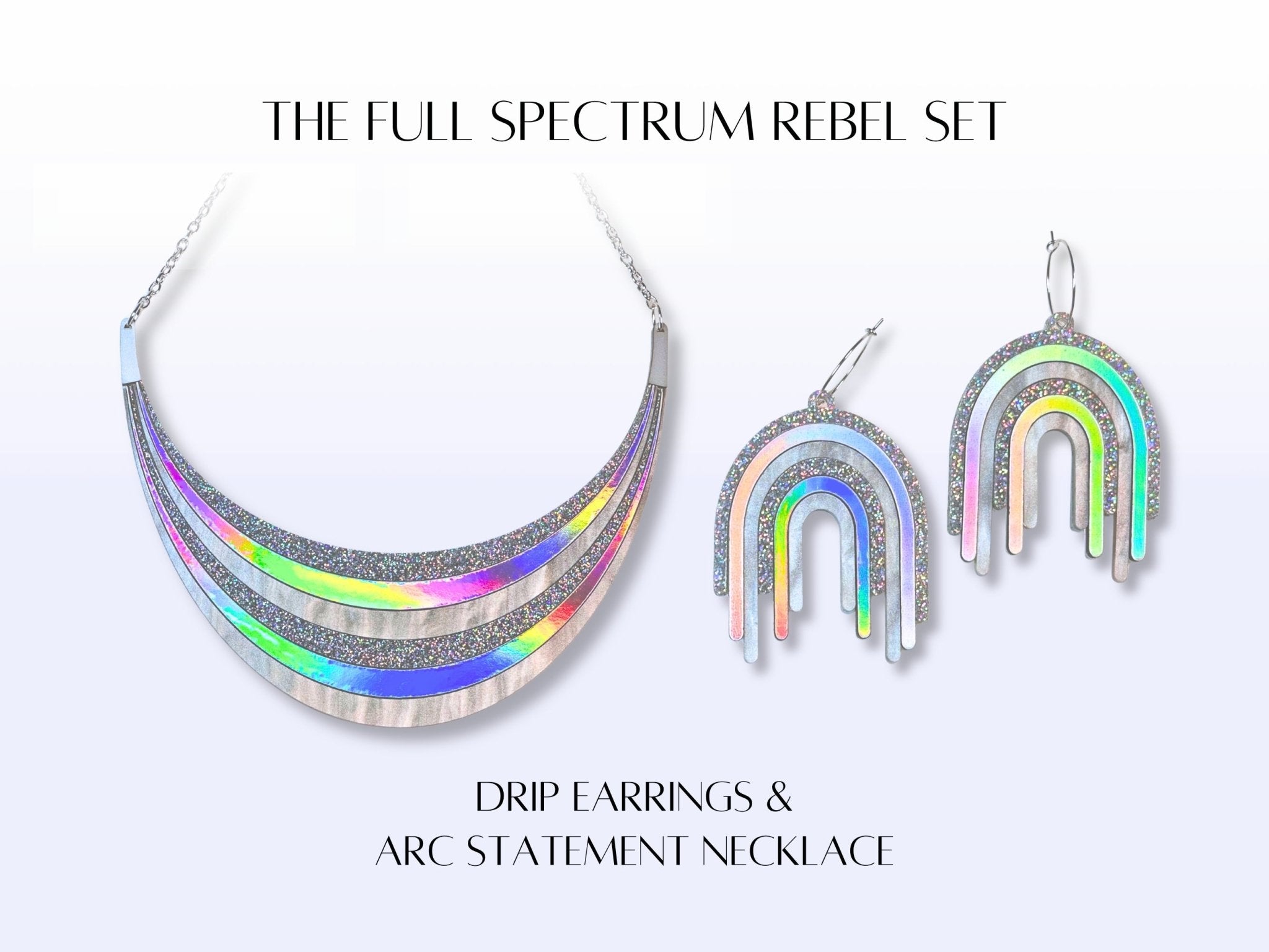 Full Spectrum Rebel Disco Prism jewelry set showing the arc statement necklace and matching drip earrings.