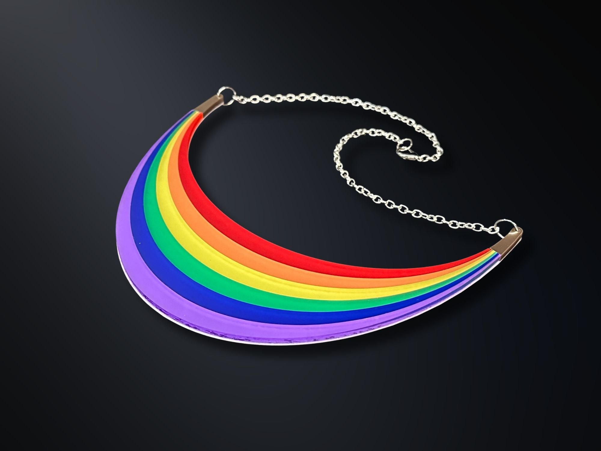 Full Spectrum Rebel Arc Statement Necklace in layered rainbow acrylic