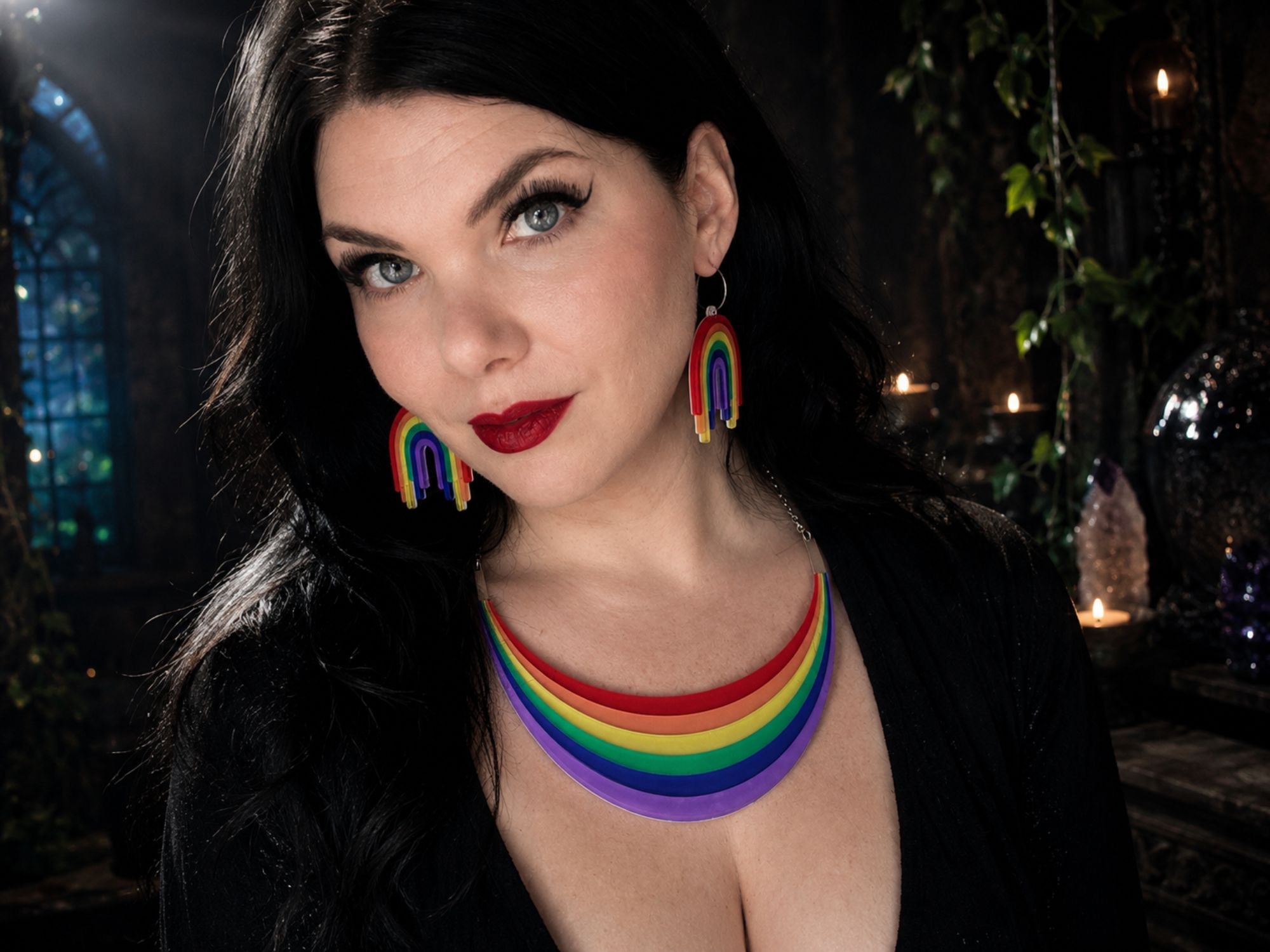 Model wearing Full Spectrum Rebel Arc Necklace and matching Drip Earrings
