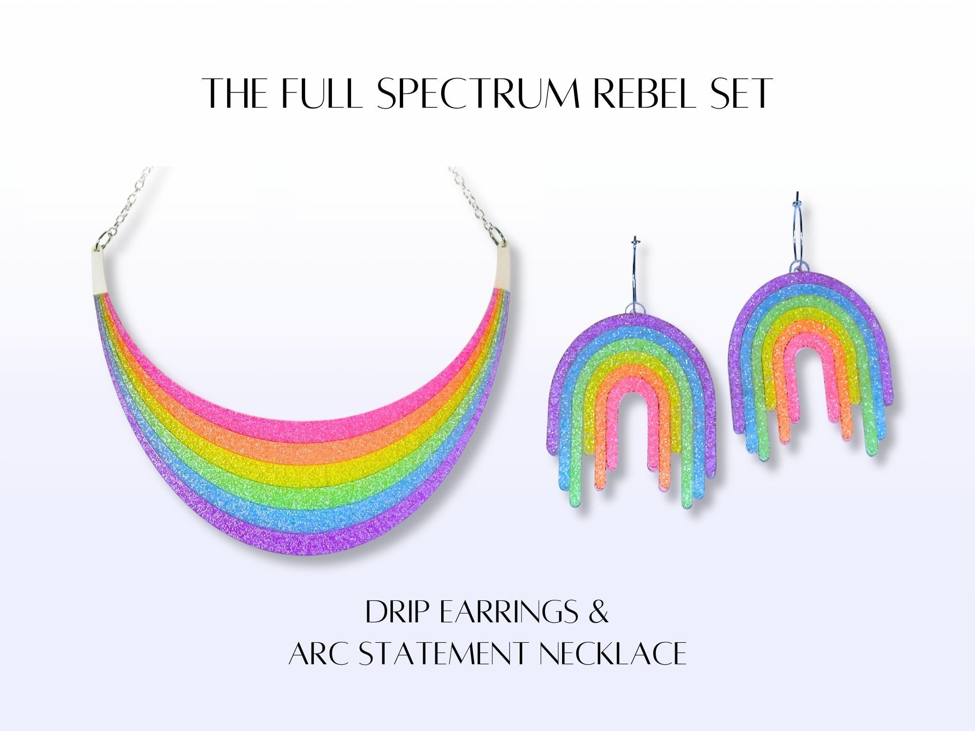 Full Spectrum Rebel Set product card featuring Rainbow Rave arc necklace and drip earrings.
