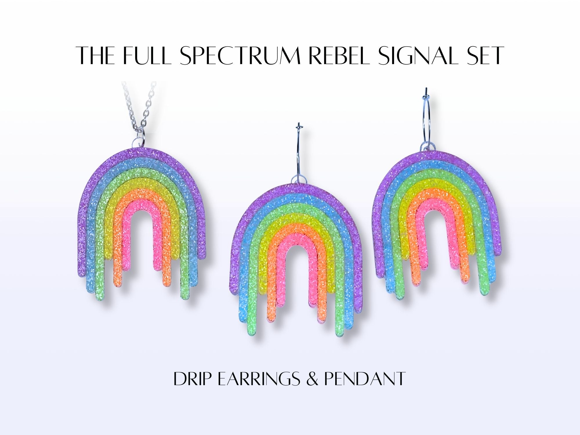 Full Spectrum Rebel Signal Set product card featuring Rainbow Rave drip pendant and earrings.