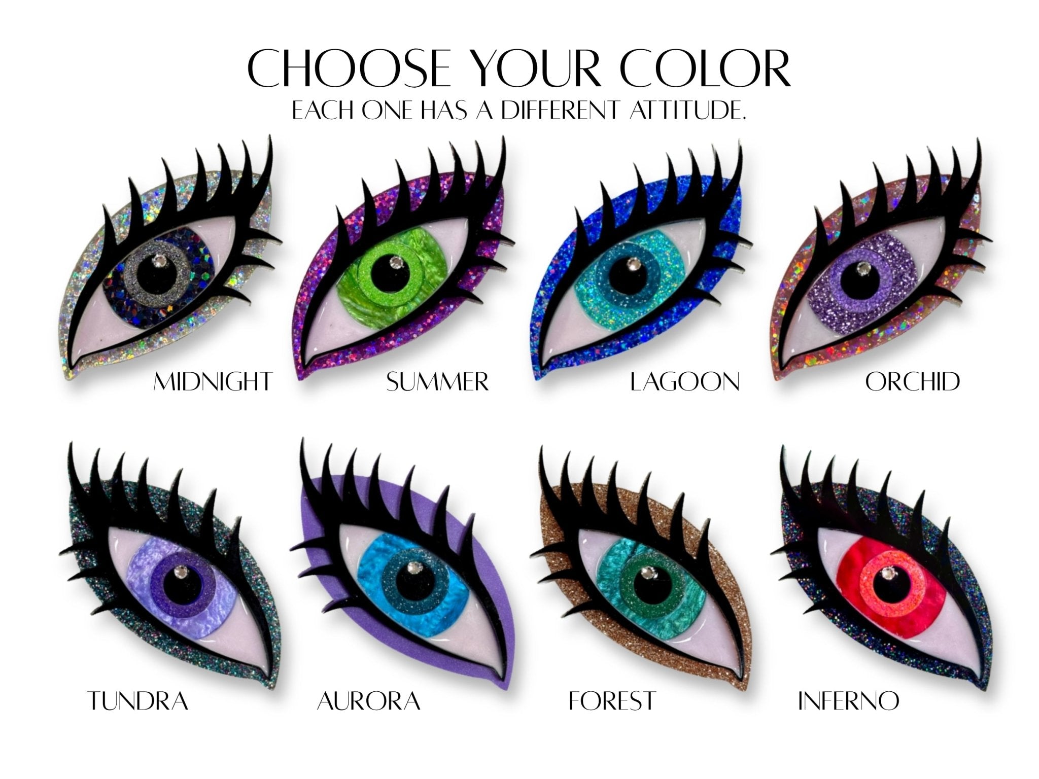 Eight Siren Eye statement necklace colors: Midnight, Summer, Lagoon, Orchid, Tundra, Aurora, Forest, and Inferno.