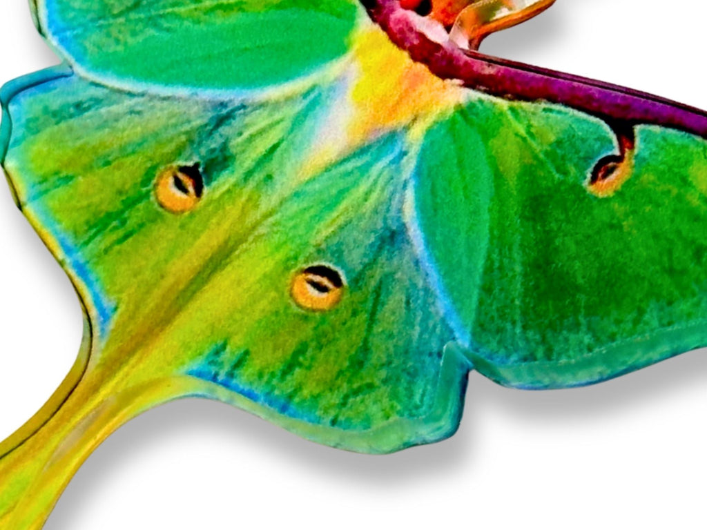 Close-up detail of a vibrant luna moth pendant or earring, highlighting painterly green wings, pink accents, and yellow tail details with visible texture.