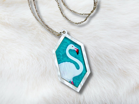 White Flamingo Pendant Necklace - Painted Raina