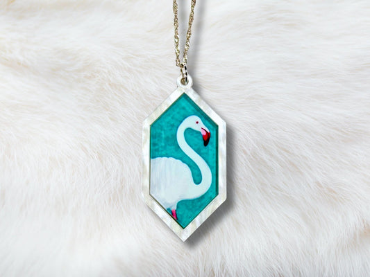 White Flamingo Pendant Necklace - Painted Raina