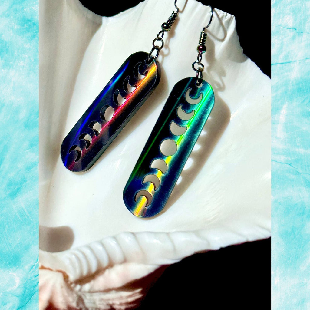 Black Rainbow Holographic Minimalist Moon Phase Earrings - Driftless Enchantments