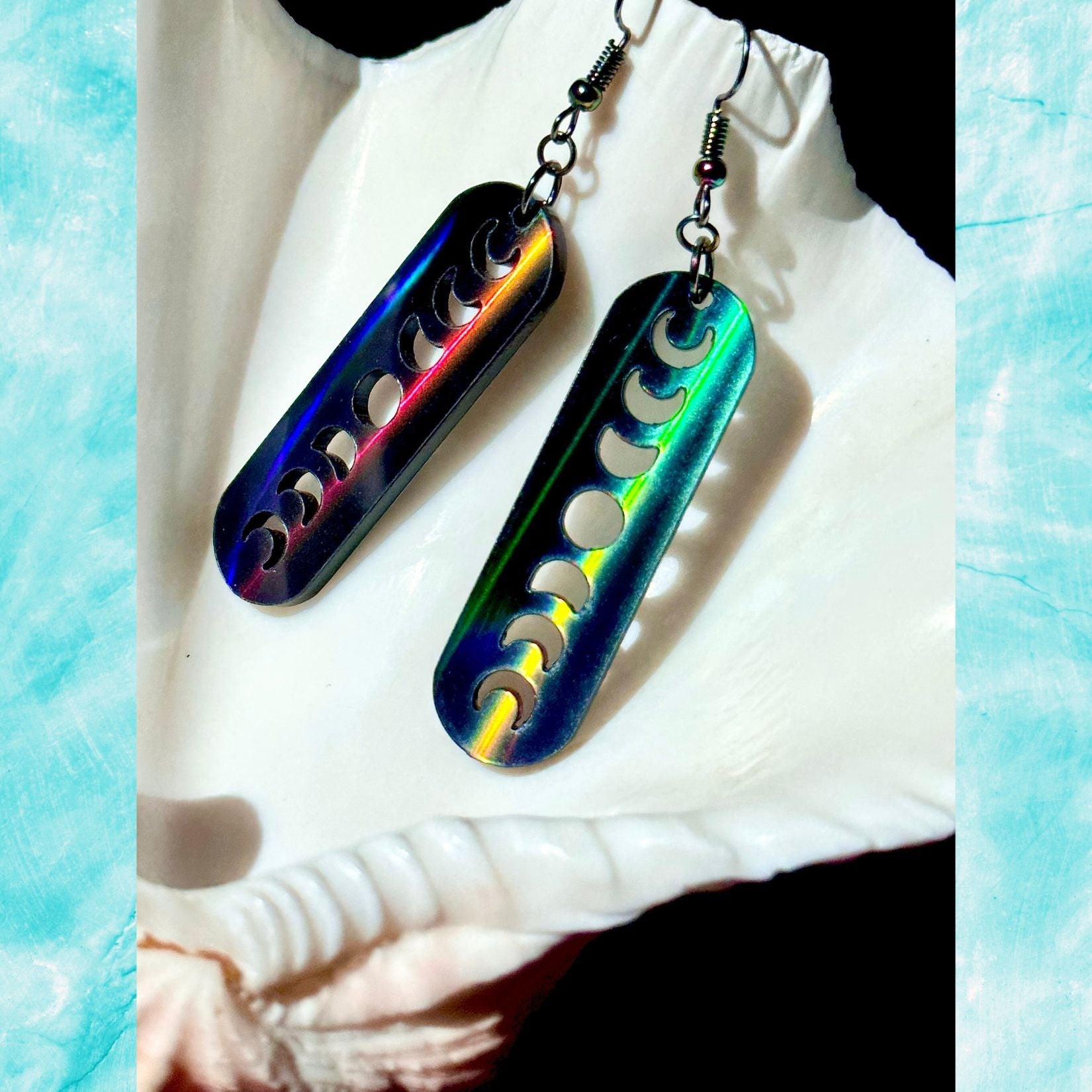Black Rainbow Holographic Minimalist Moon Phase Earrings - Driftless Enchantments