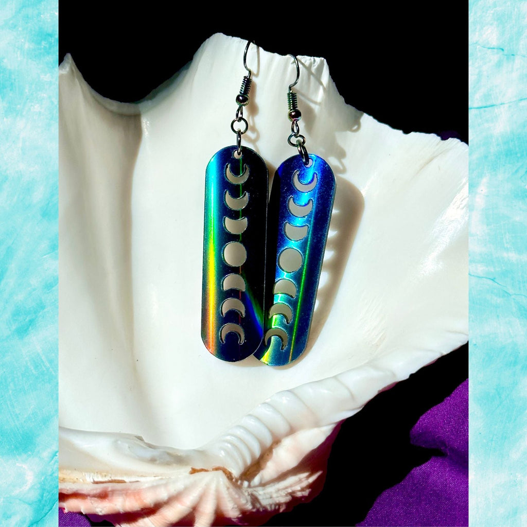 Black Rainbow Holographic Minimalist Moon Phase Earrings - Driftless Enchantments