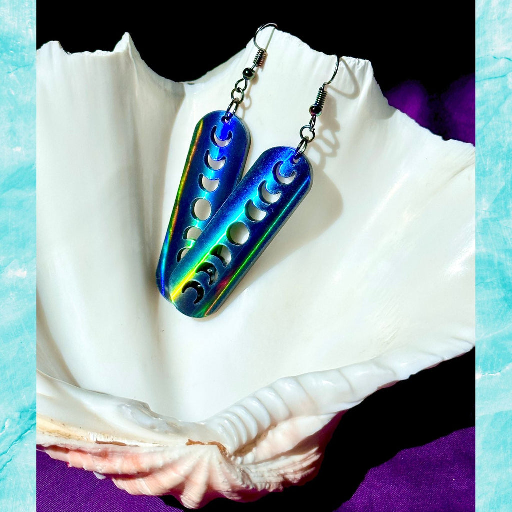 Black Rainbow Holographic Minimalist Moon Phase Earrings - Driftless Enchantments