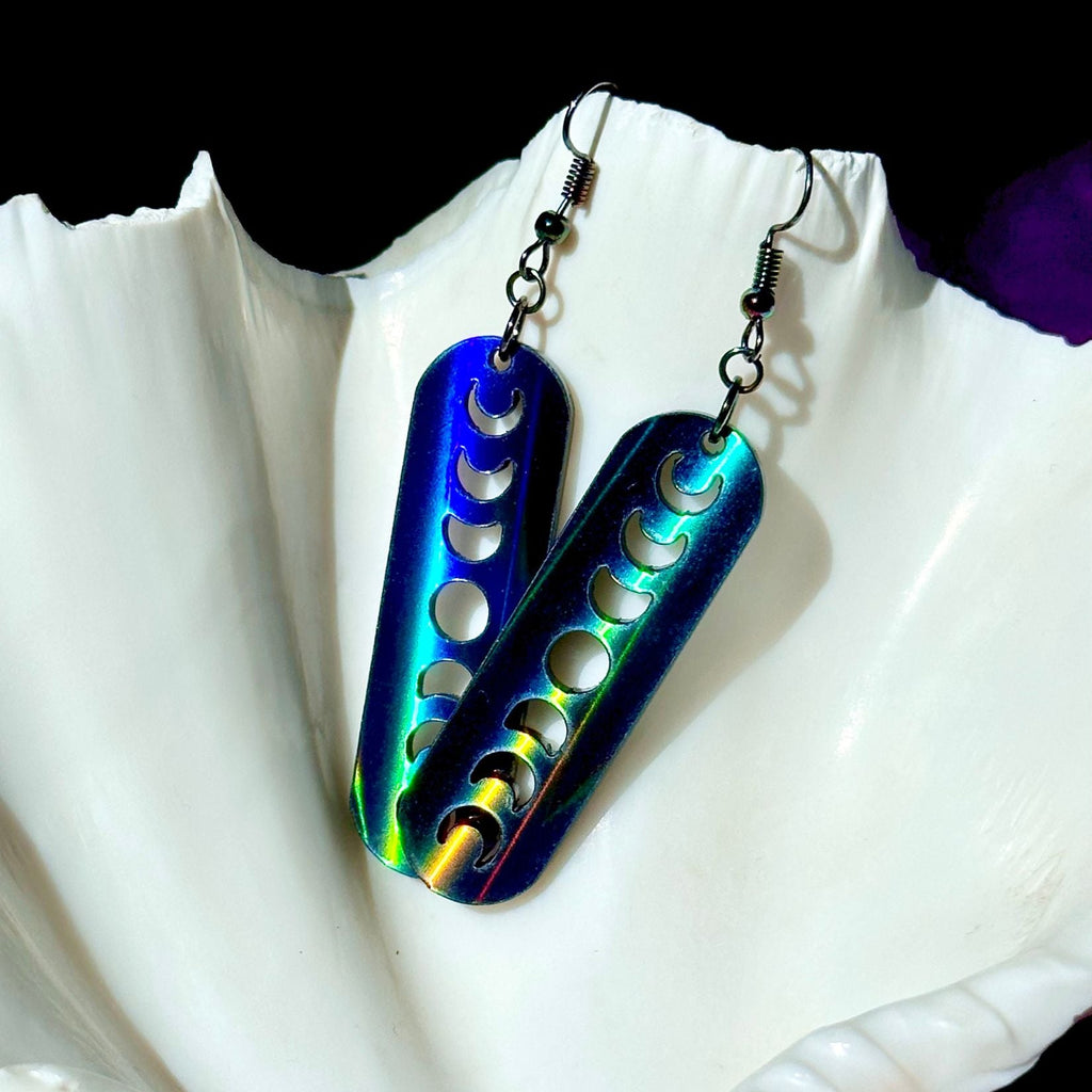 Black Rainbow Holographic Minimalist Moon Phase Earrings - Driftless Enchantments