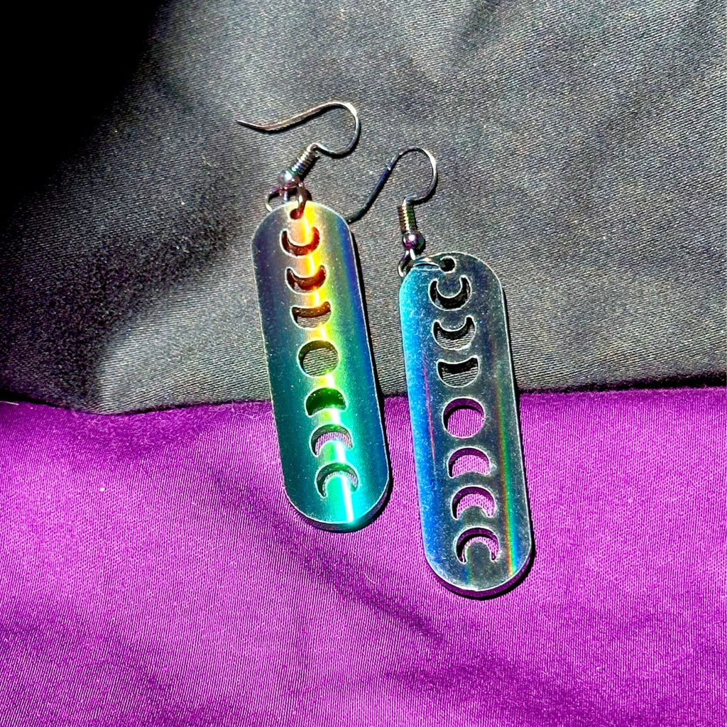 Black Rainbow Holographic Minimalist Moon Phase Earrings - Driftless Enchantments