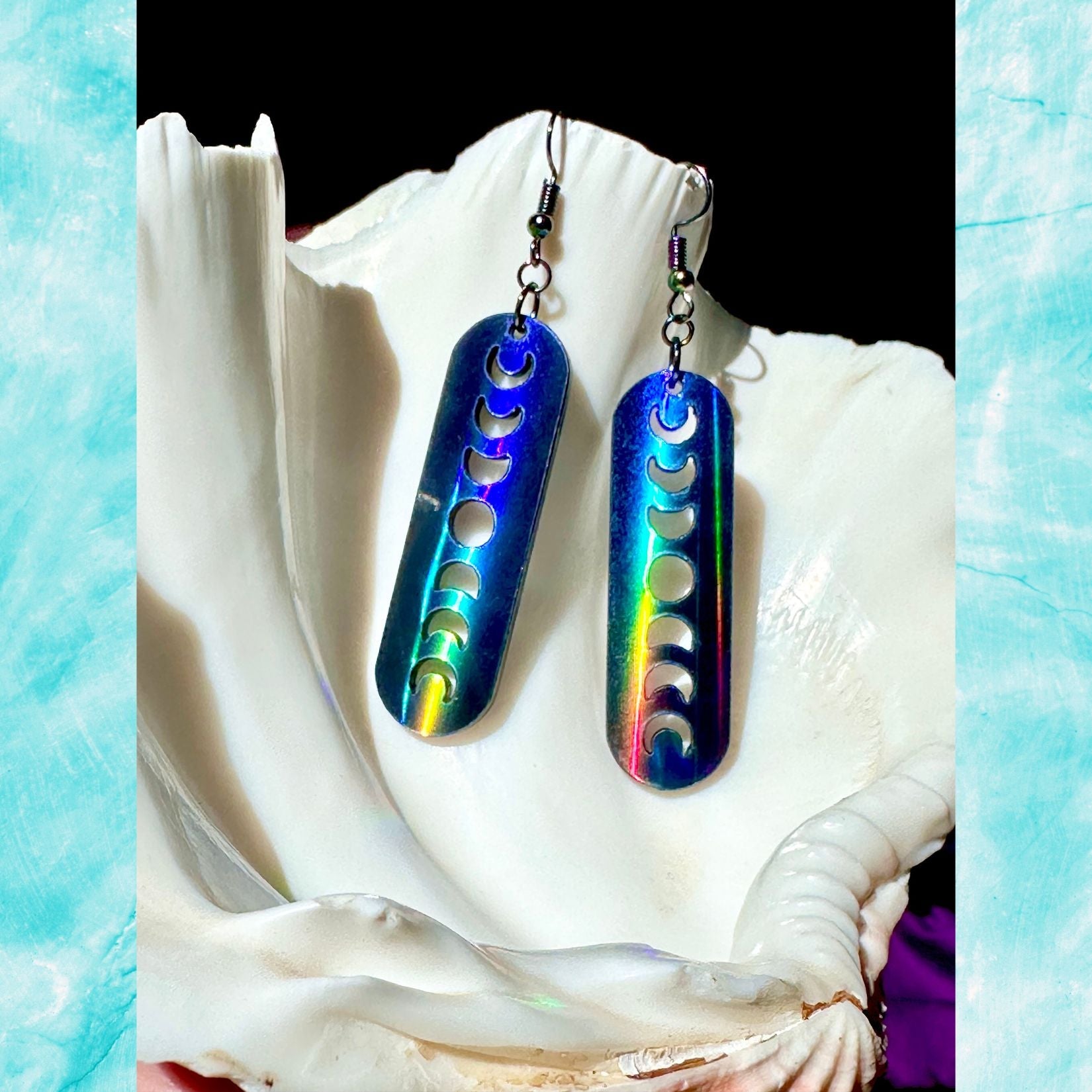 Black Rainbow Holographic Minimalist Moon Phase Earrings - Driftless Enchantments