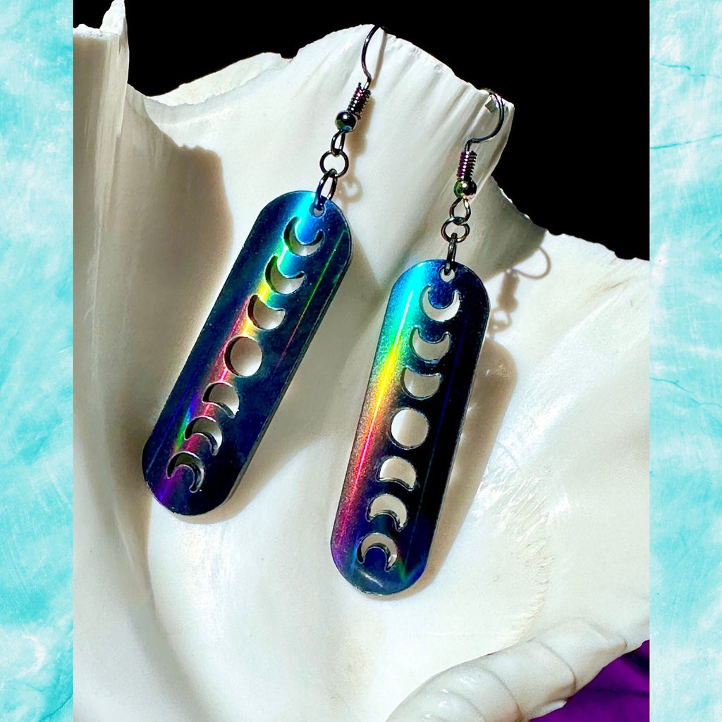 Black Rainbow Holographic Minimalist Moon Phase Earrings - Driftless Enchantments