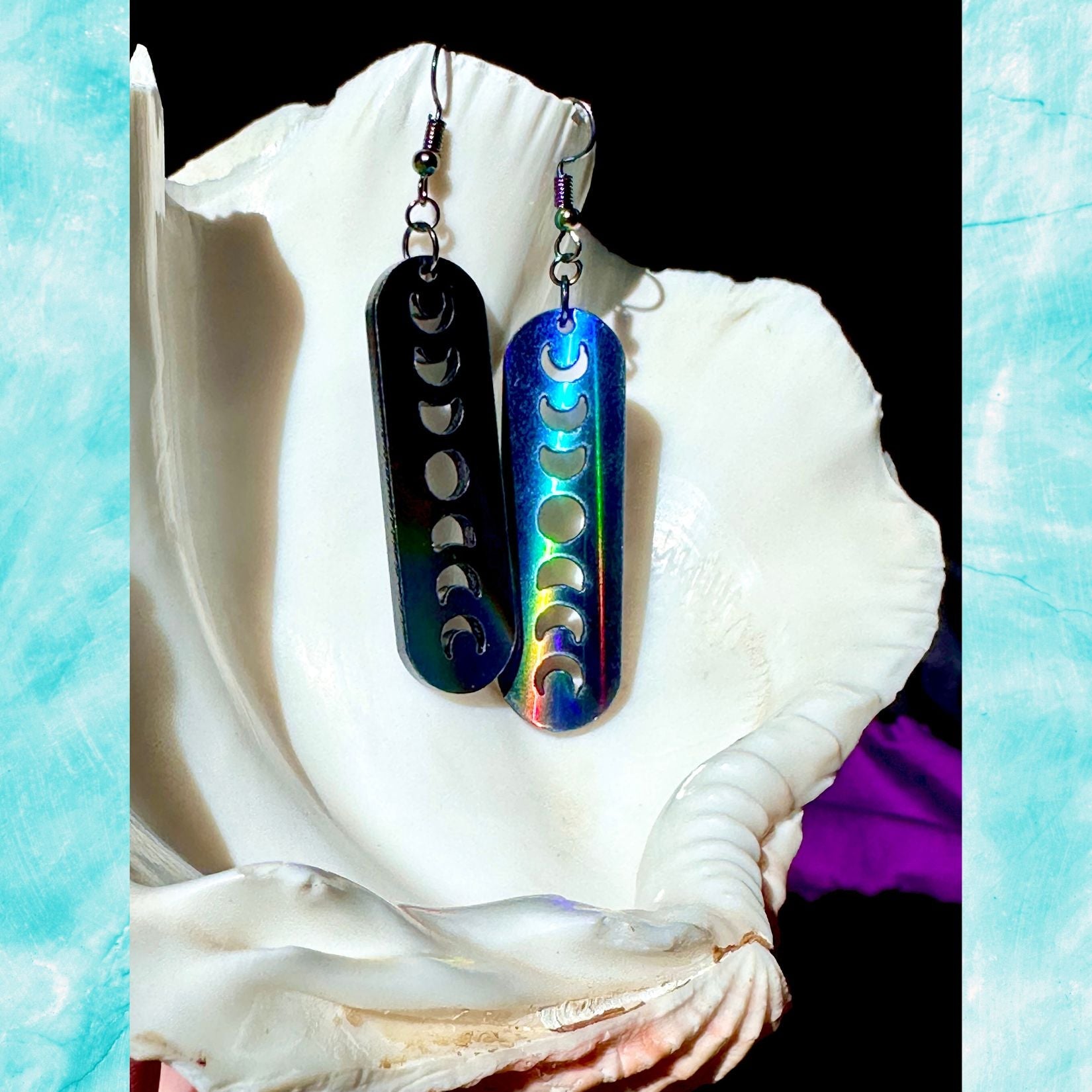Black Rainbow Holographic Minimalist Moon Phase Earrings - Driftless Enchantments
