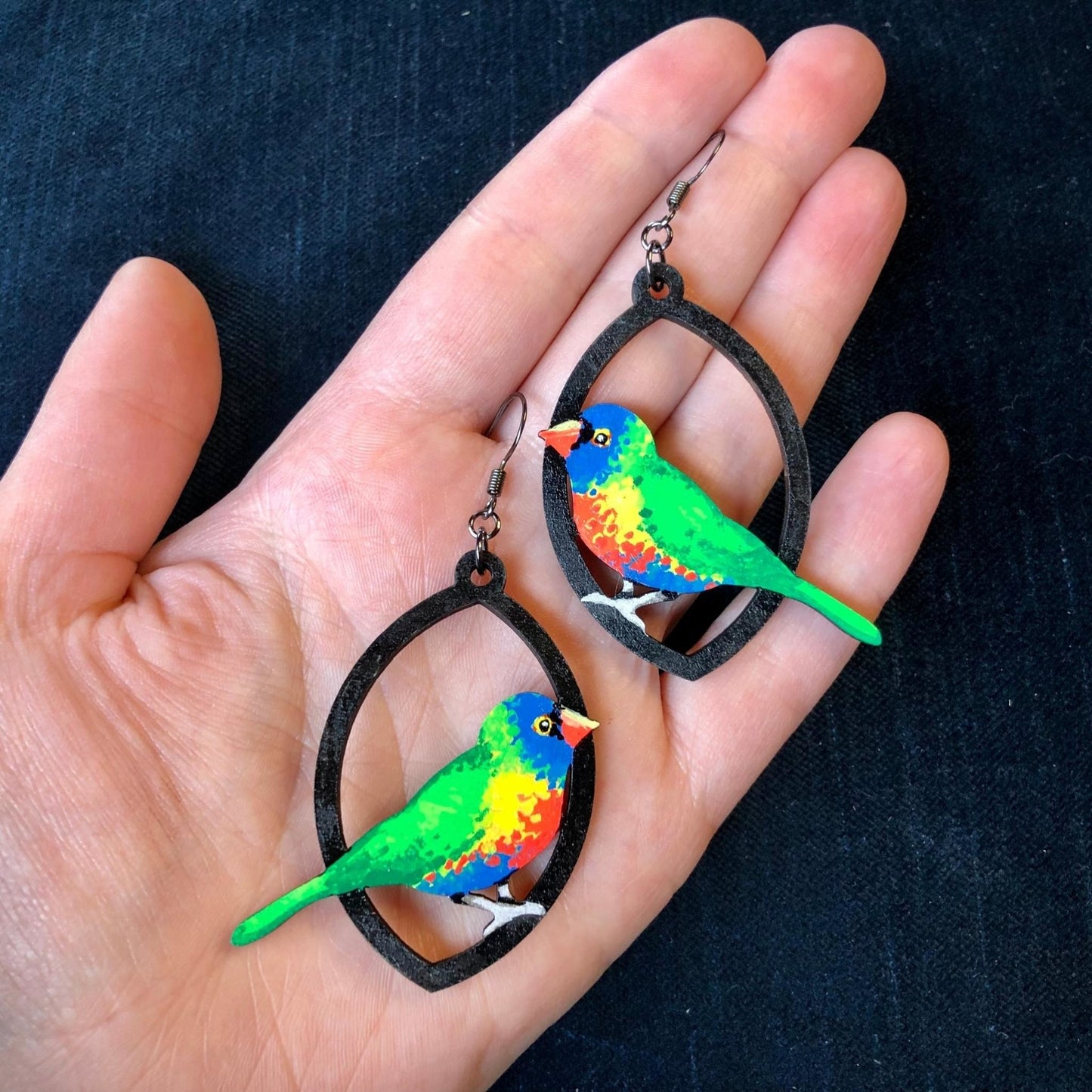 Bright, Bright Birdie - Hand-Painted Wood Earrings - Driftless Enchantments