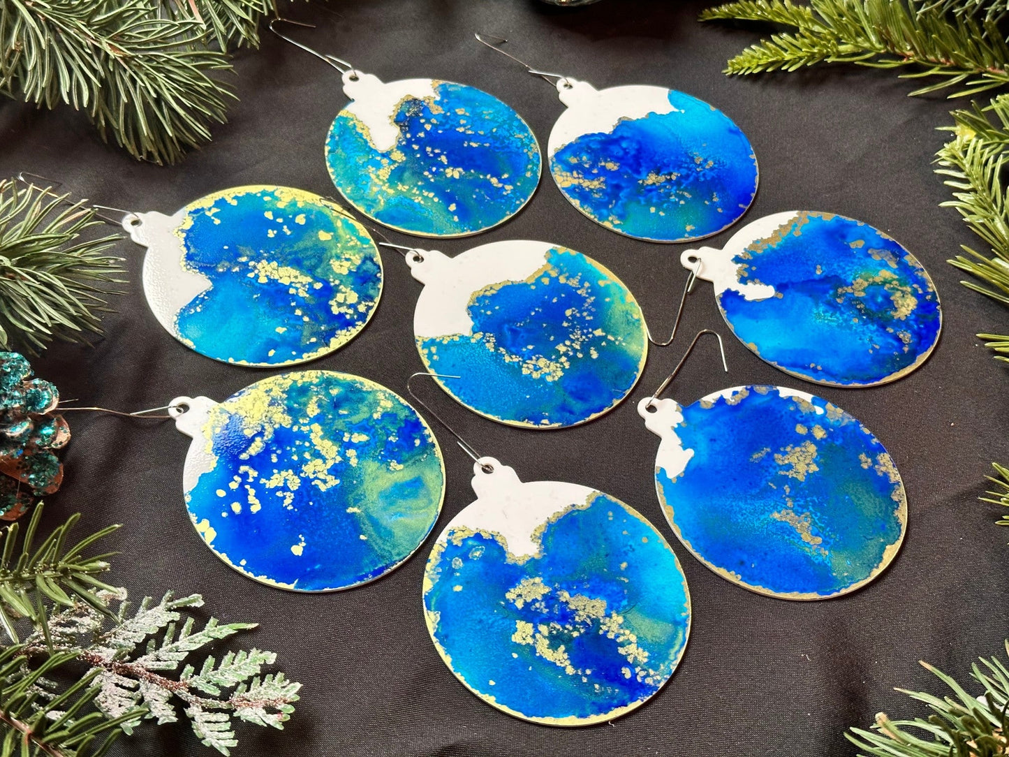 Caribbean Blue and Gold Inks Hand-Painted Ornaments - Set of 8 - Driftless Enchantments