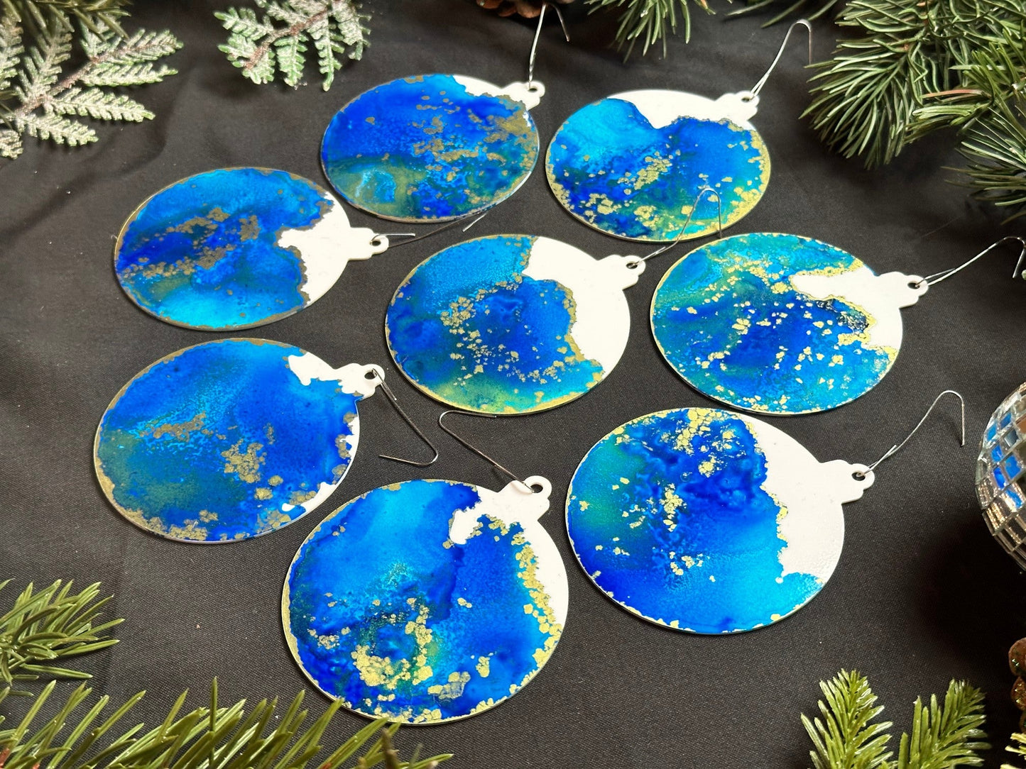 Caribbean Blue and Gold Inks Hand-Painted Ornaments - Set of 8 - Driftless Enchantments