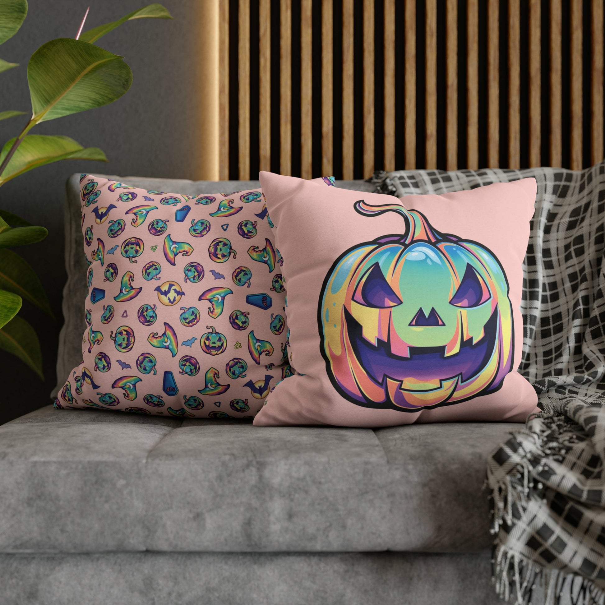 Cat-o’-Lantern Reversible Square Pillow Case - Coral - Driftless Enchantments