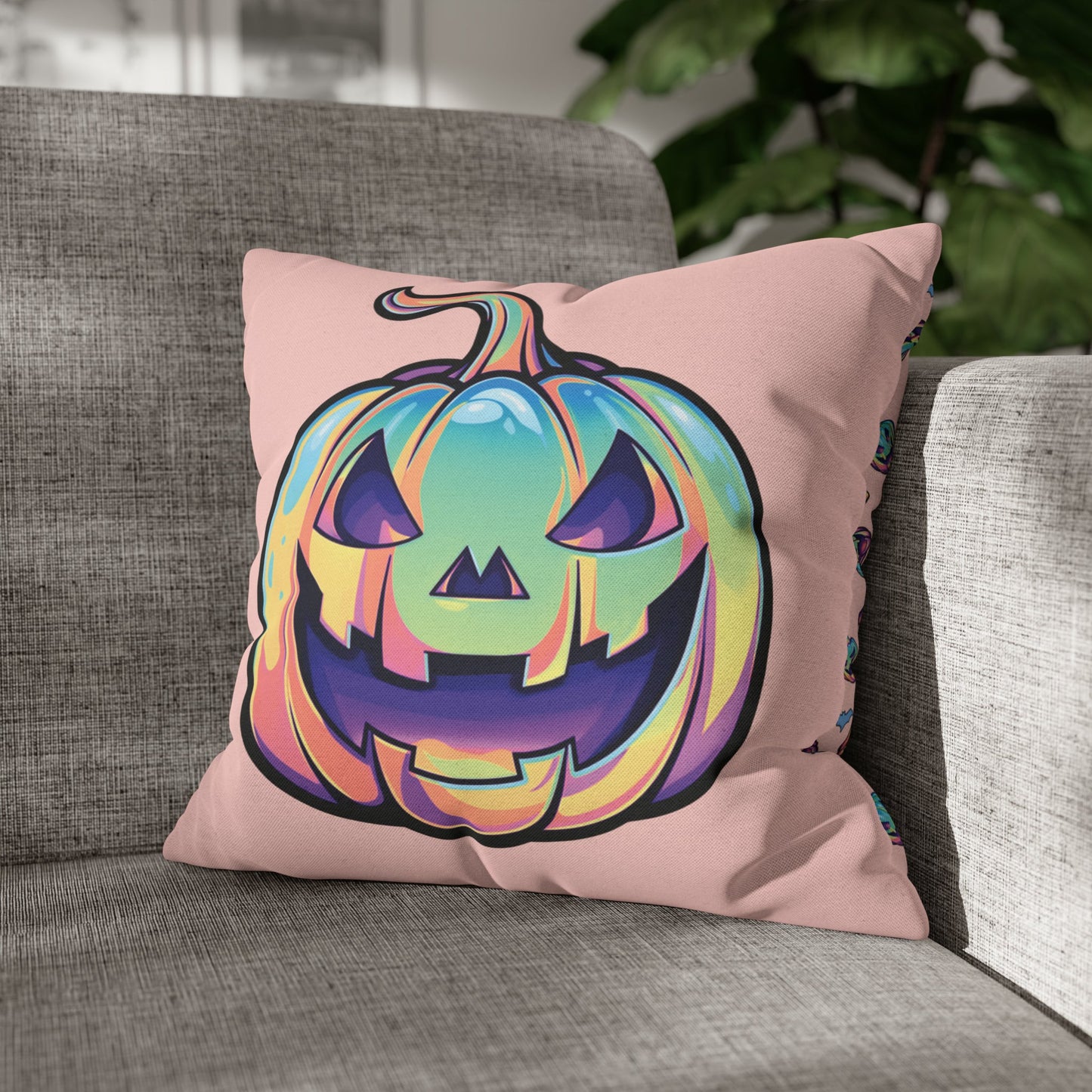 Cat-o’-Lantern Reversible Square Pillow Case - Coral - Driftless Enchantments