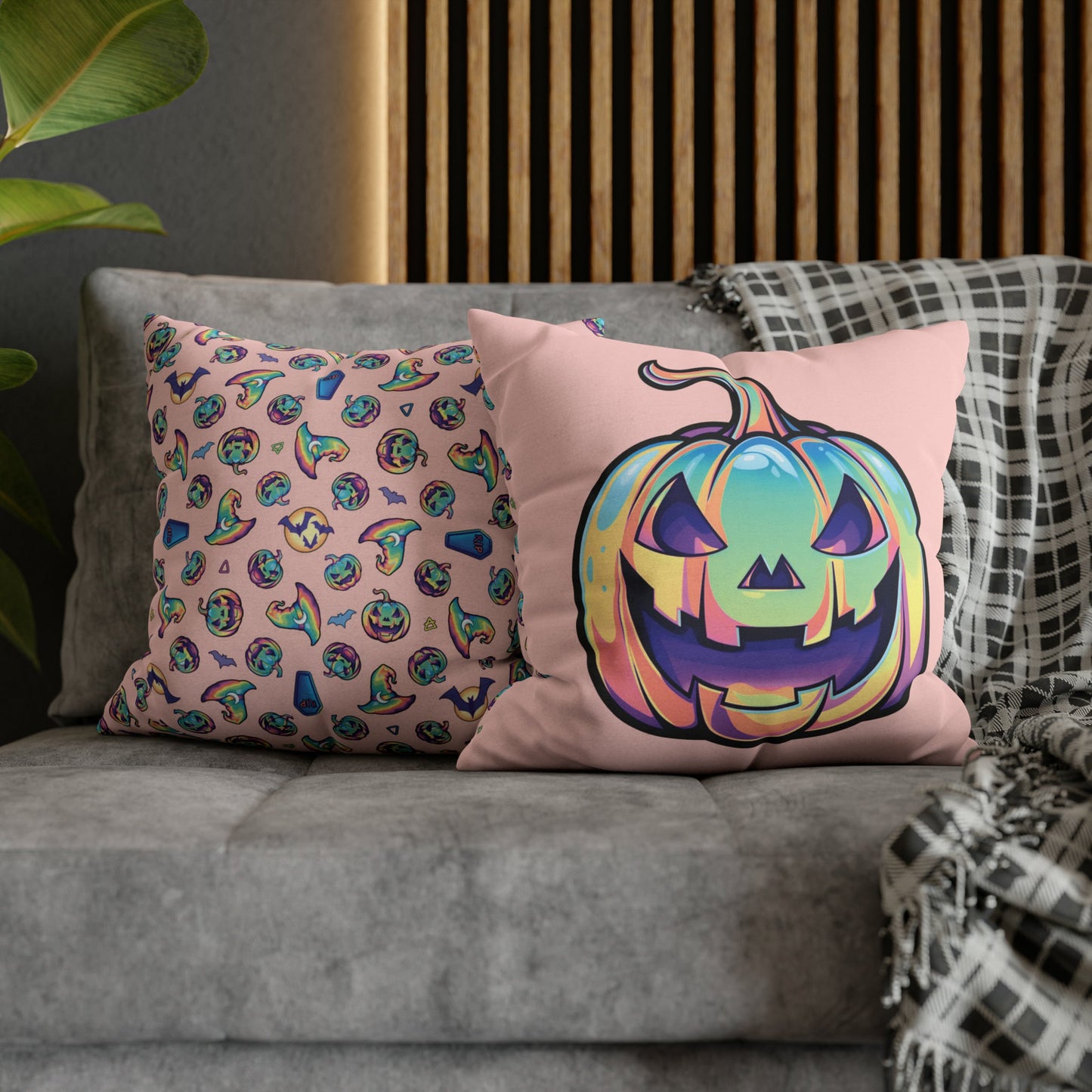 Cat-o’-Lantern Reversible Square Pillow Case - Coral - Driftless Enchantments