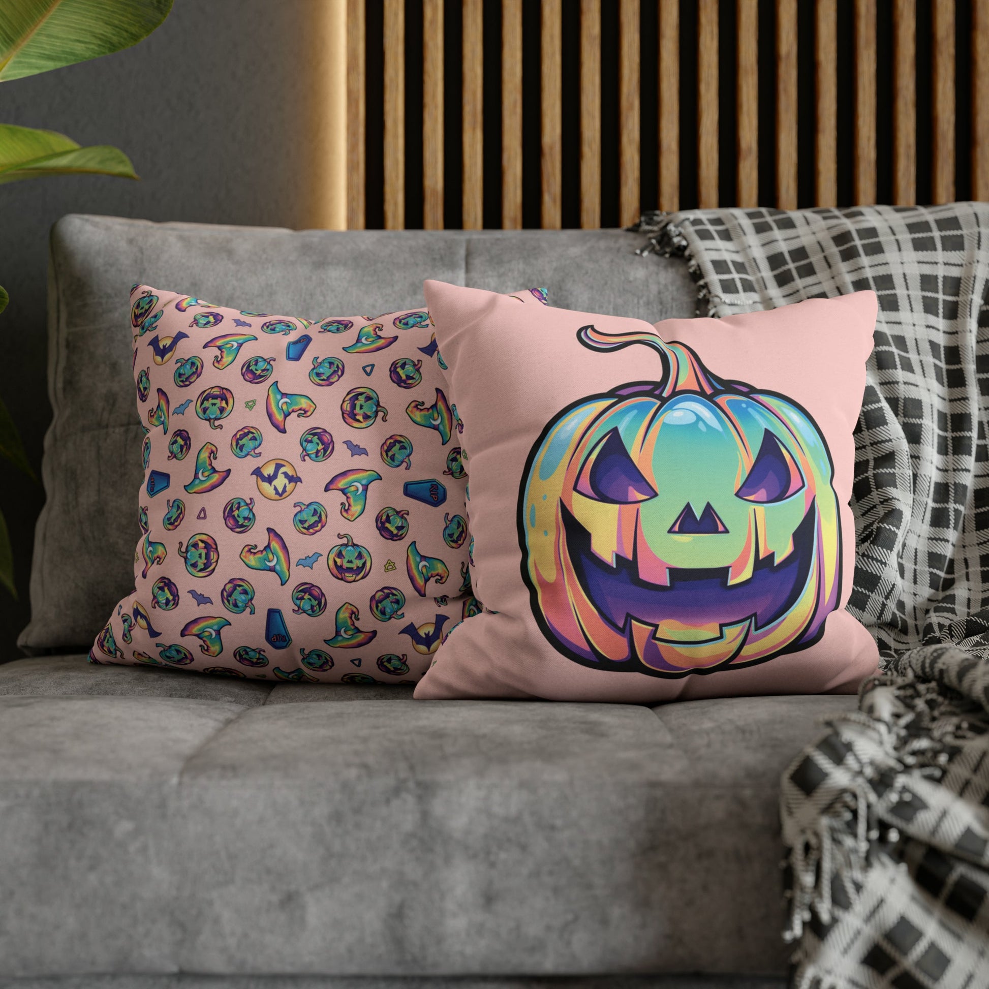 Cat-o’-Lantern Reversible Square Pillow Case - Coral - Driftless Enchantments