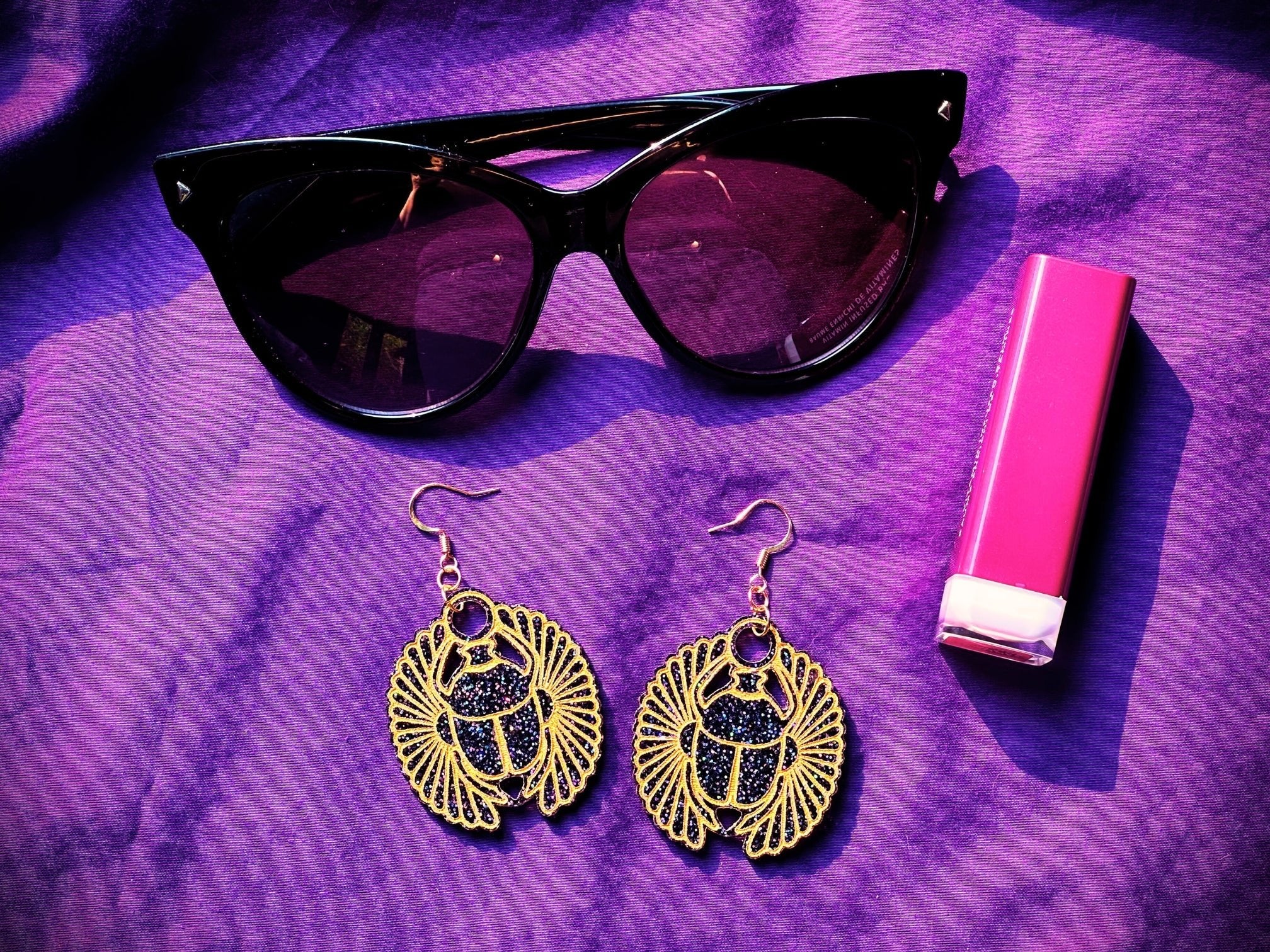 Egyptian Inspired Scarab Earrings - Black Rainbow Glitter - Driftless Enchantments