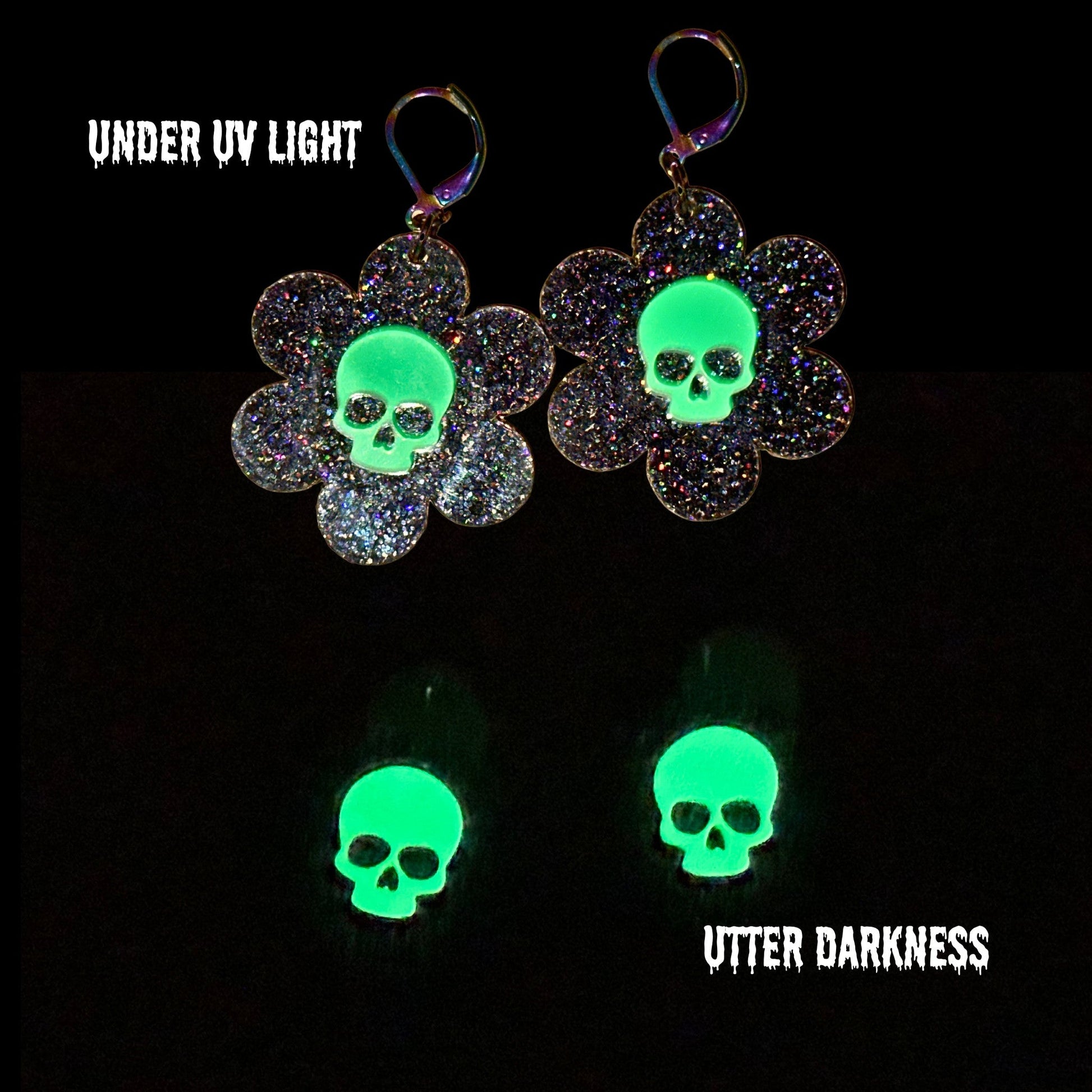 Glowing Dead Daisy Earrings - Black Glitter - Driftless Enchantments