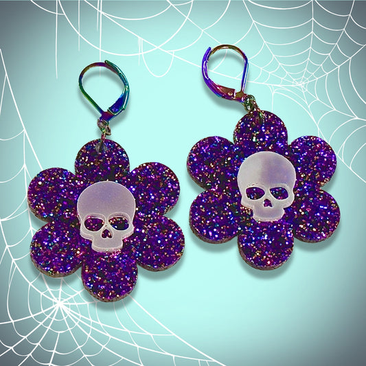 Glowing Dead Daisy Earrings - Purple Glitter - Driftless Enchantments