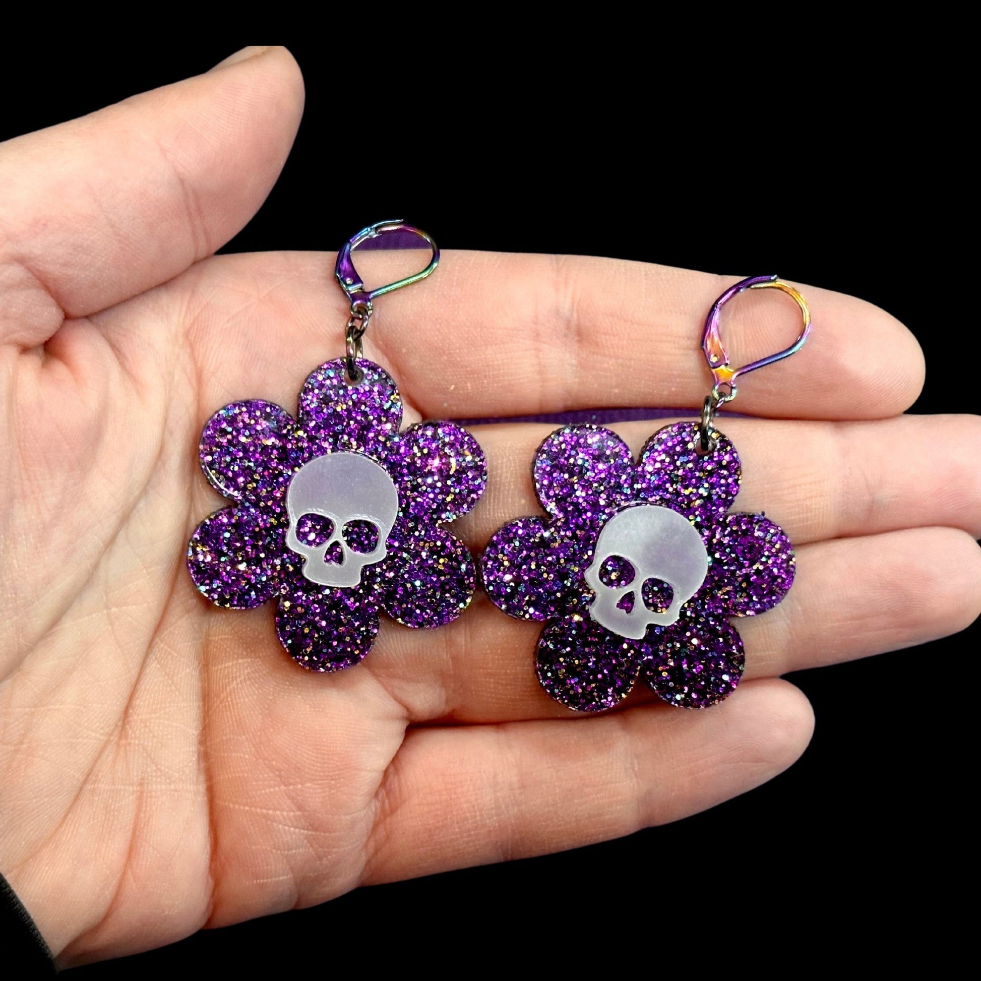 Glowing Dead Daisy Earrings - Purple Glitter - Driftless Enchantments