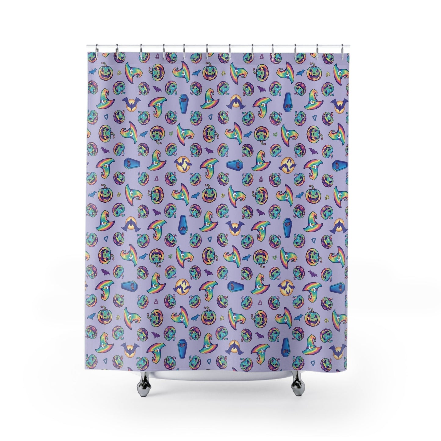 Jack-o’-Lanterns, Bats & Witch Hats Shower Curtain - Violet - Driftless Enchantments